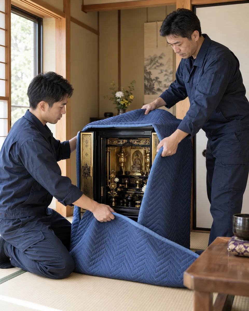 仏壇を毛布でていねいに包む作業