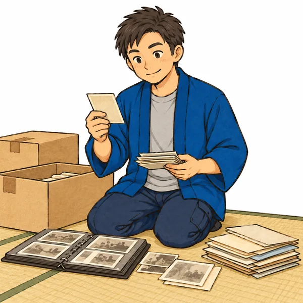 アルバムと書類を仕分けるたくみさん