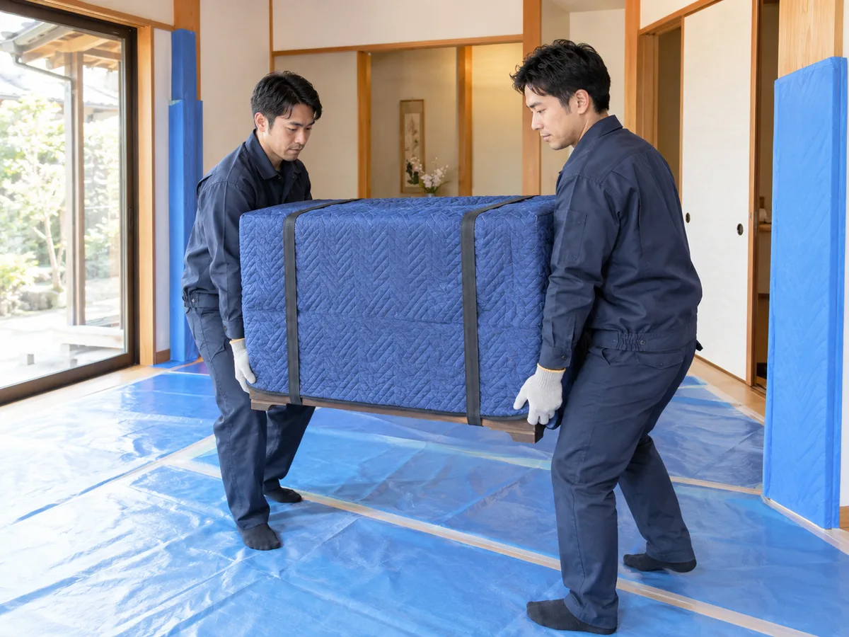毛布で包んだタンスを2人で運び出す様子