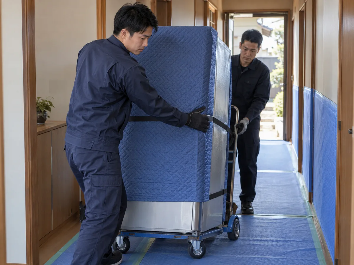 保護した冷蔵庫を台車で運ぶ作業