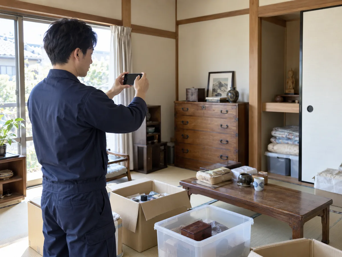 片付け途中の部屋をスマートフォンで記録するスタッフ