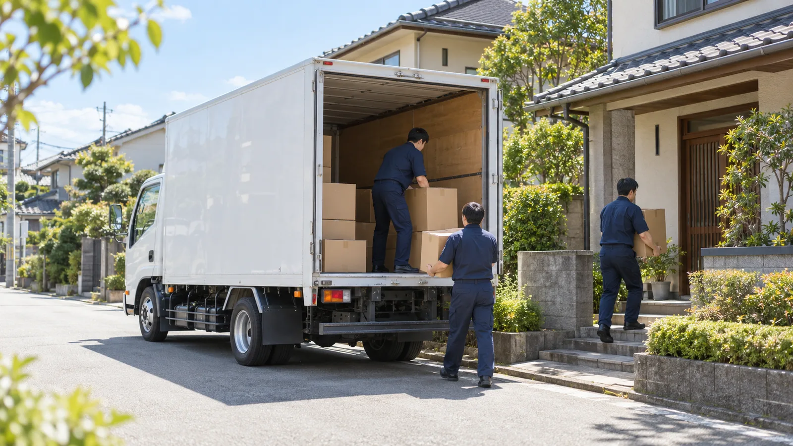 住宅街でトラックに荷物を積み込む作業スタッフ